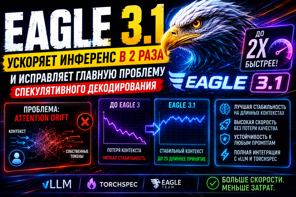 LLM ТЕРЯЮТ КОНТЕКСТ? EAGLE 3.1 УСКОРЯЕТ ИНФЕРЕНС В 2 РАЗА И ИСПРАВЛЯЕТ ГЛАВНУЮ ПРОБЛЕМУ СПЕКУЛЯТИВНОГО ДЕКОДИРОВАНИЯ 
