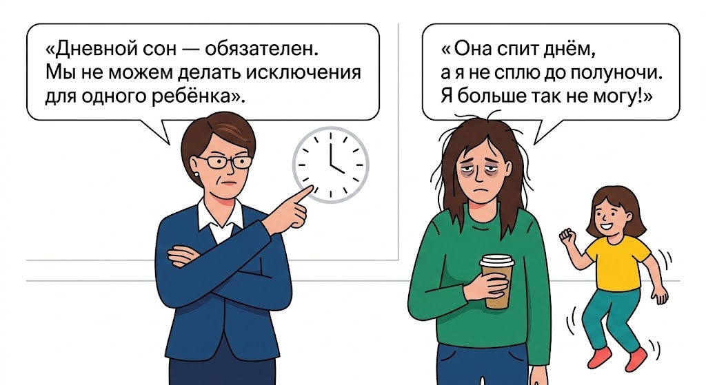 После сада дочь не спит до полуночи, я встаю в 5:30. Попросила заведующую не укладывать дочь днём — пусть рисует, читает, играет тихо. Отказ.