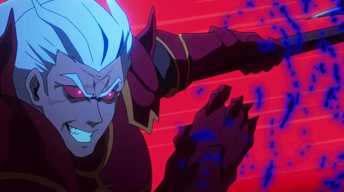    Male character with blue hair and glowing pink eyes snarls as red energy blasts surge behind him, fists raised for attack.