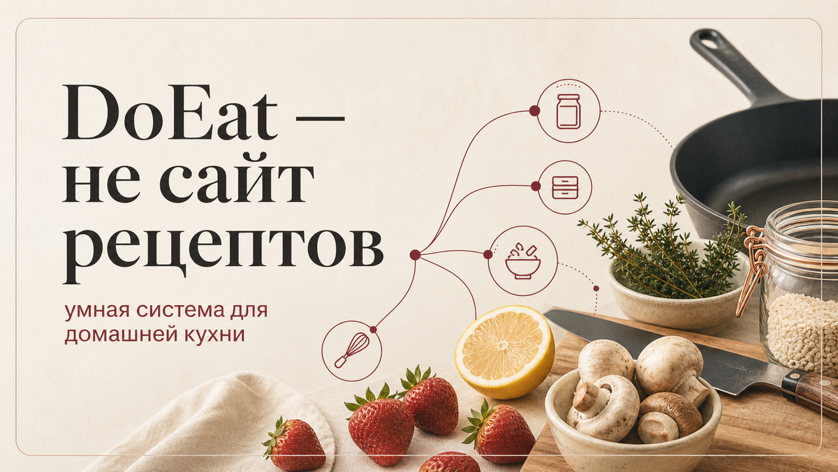 DoEat смотрит на домашнюю кухню как на систему: продукты, запасы, рецепты, сочетания и техники связаны между собой.