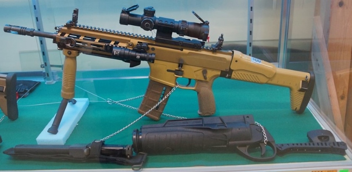 Прототип Type 20 с оптическим прицелом March-F 1x-8x24mm Shorty, перед винтовкой гранатомет Beretta GLX-160A1 и штык-нож.