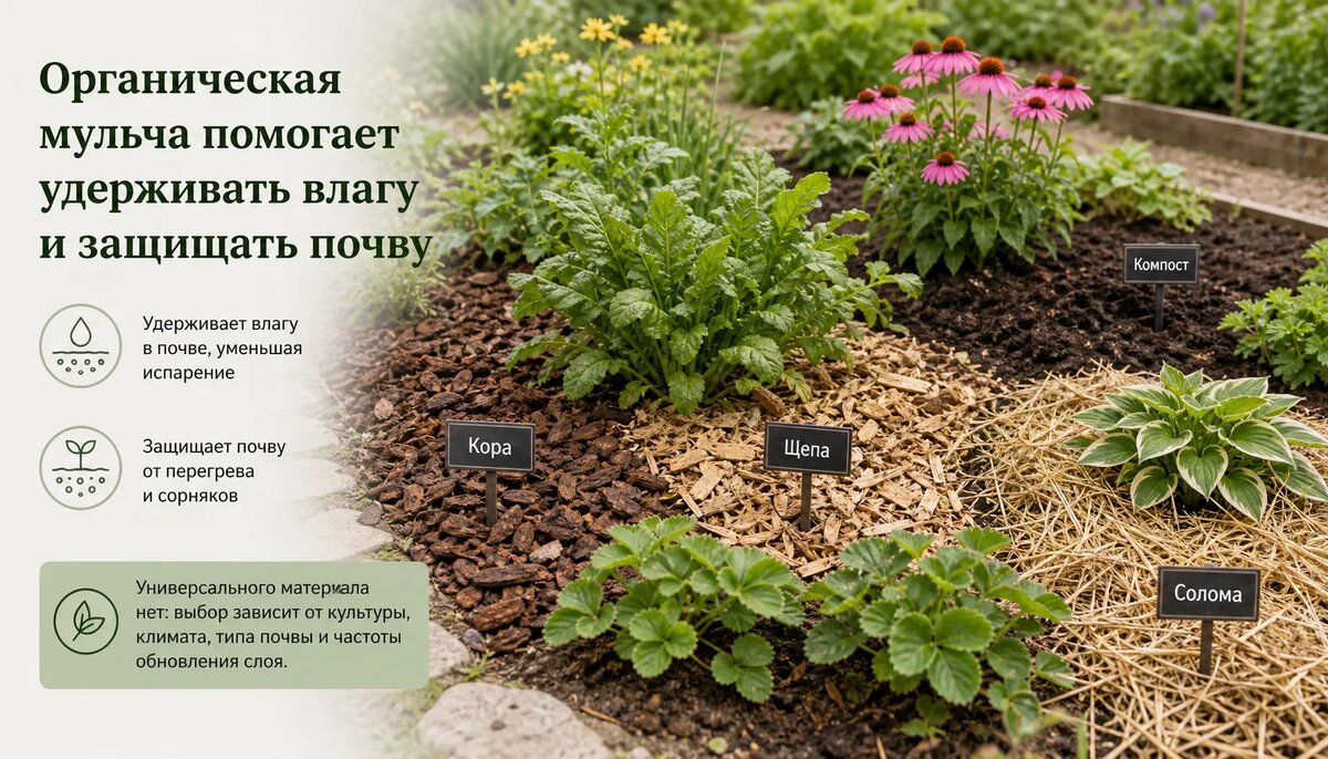 Широкий вид на садовую грядку с органической мульчей из коры, щепы, соломы и компоста вокруг растений.