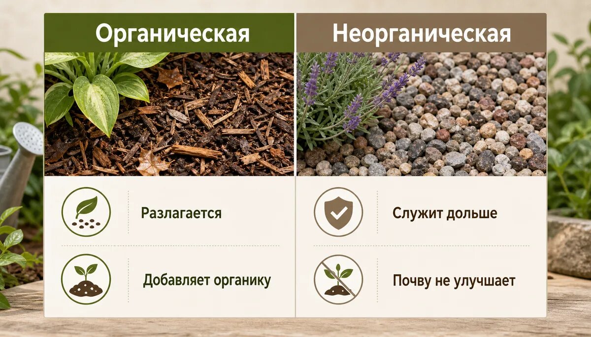 Схематичная иллюстрация с сравнением органической и неорганической мульчи для сада в жаркую погоду.