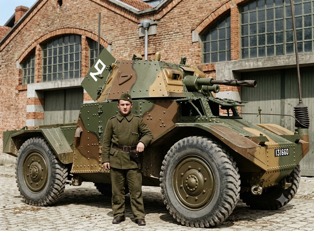Бронеавтомобиль Panhard 178 собственной персоной. Фотография в свободном доступе, была окрашена при помощи нейросети.