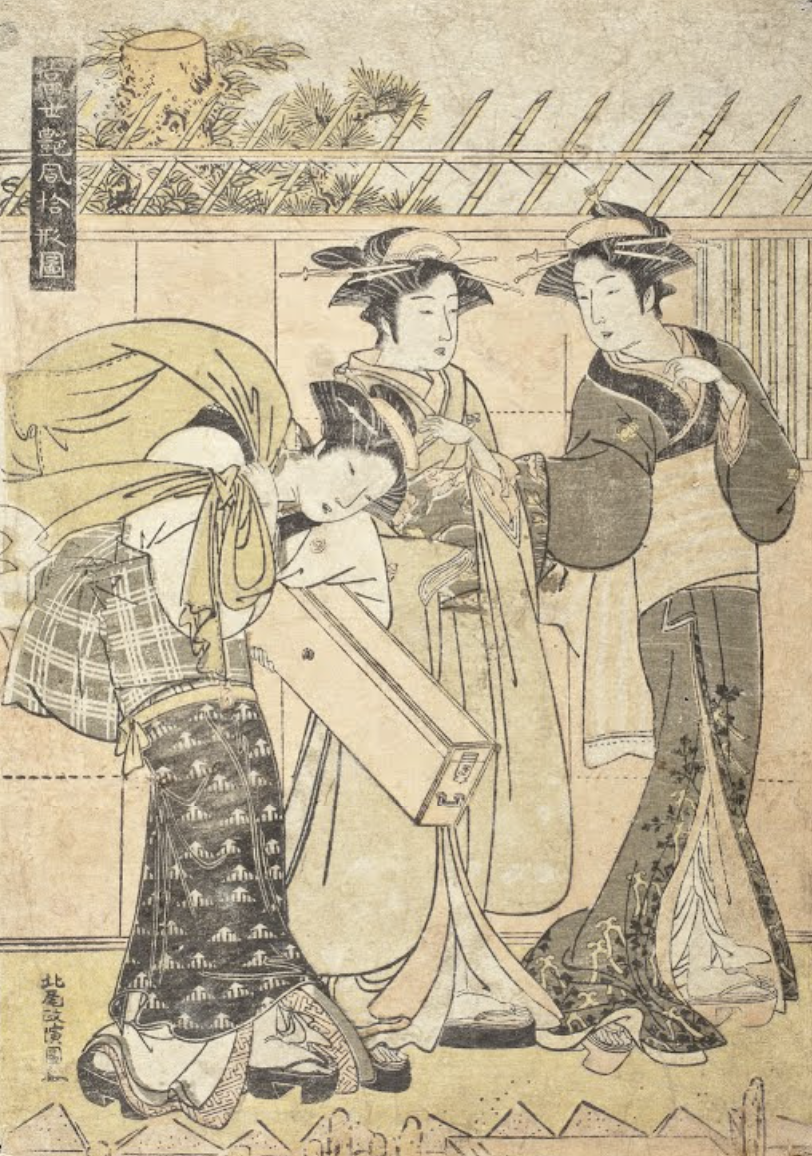 Geisha and Attendants by a Wharf in the Fukagawa district | Масанобу Китао | примерно 1780 | Ссылка: https://artsandculture.google.com/asset/geisha-and-attendants-by-a-wharf-in-the-fukagawa-district/iQHiIhQiLIjOYQ