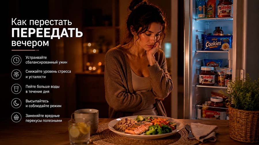 Вечерние срывы редко связаны со слабой силой воли. Чаще виноваты недосып, хаотичное питание и неправильный ужин. Разбираем, как реально снизить вечерний аппетит без жёстких диет.