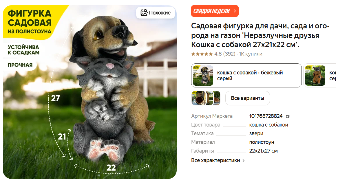 Садовая фигурка для дачи, сада и огорода на газон 'Неразлучные друзья Кошка с собакой 27x21x22 см'.