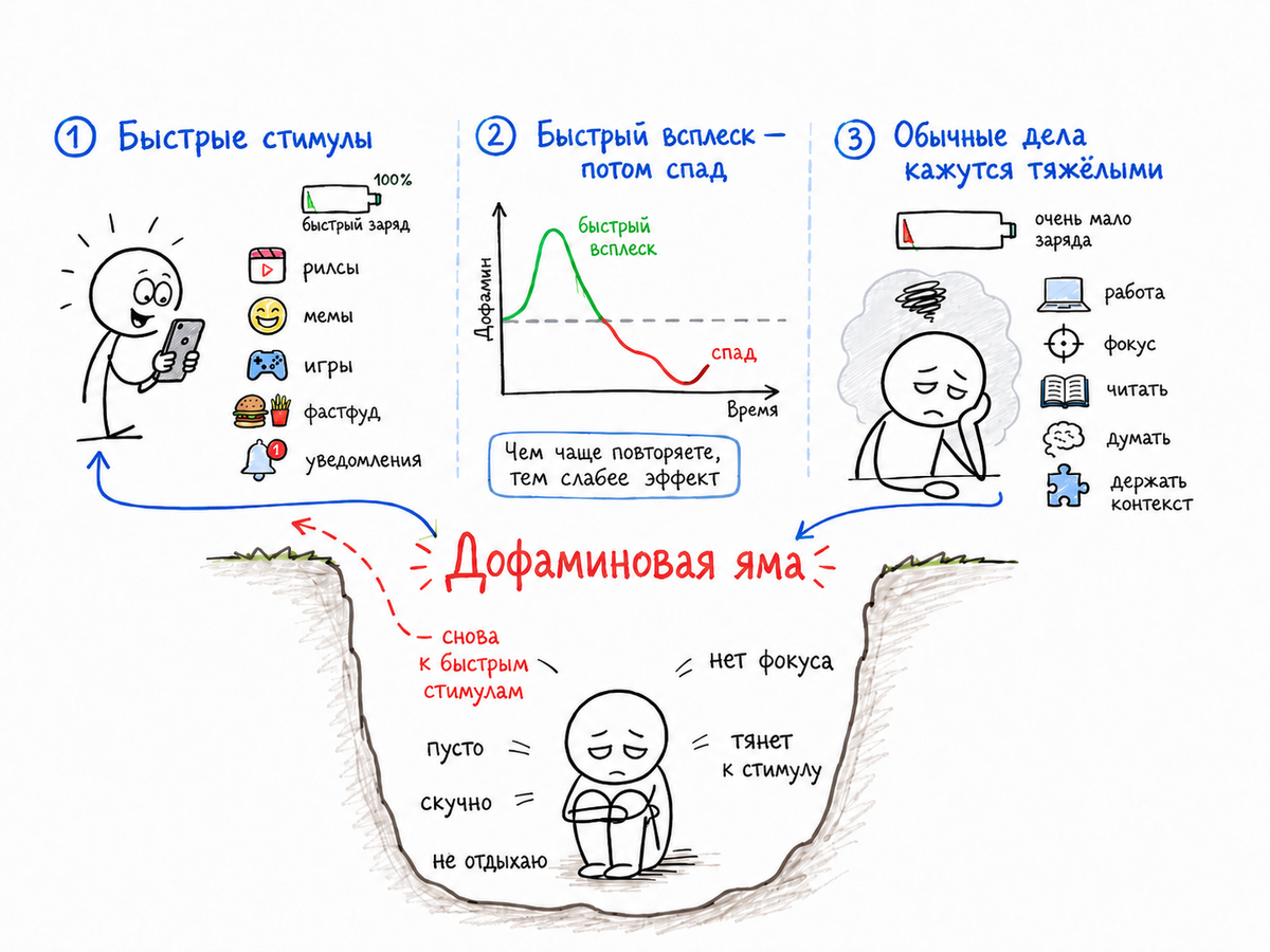 Дофаминовая яма не диагноз и не научный термин. Это не депрессия, не выгорание и не лень, а удобное название временного состояния, которое возникает у человека после переизбытка быстрых источников награды