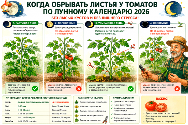 Когда обрывать листья у томатов по лунному календарю 2026 без лысых кустов и без лишнего стресса? 🍅😮😀