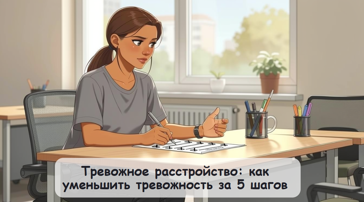 Обложка статьи "Тревожное расстройство: как уменьшить тревожность за 5 шагов". Авторское изображение