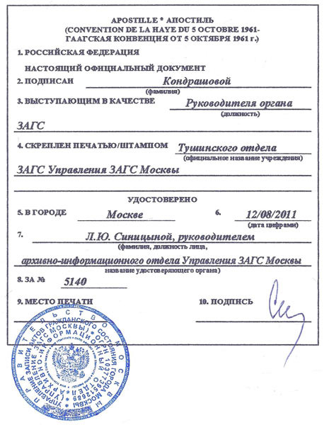 Образец Апостиля 