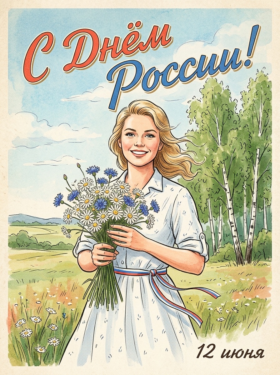Промт 1: Открытка с девушкой на летней поляне (винтаж)