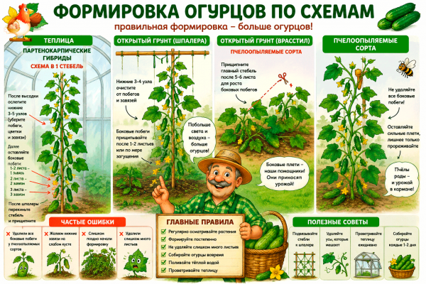 Формировка огурцов по схемам: где отрезал лишнее – там урожай пошёл ведрами 🥒😮🥒