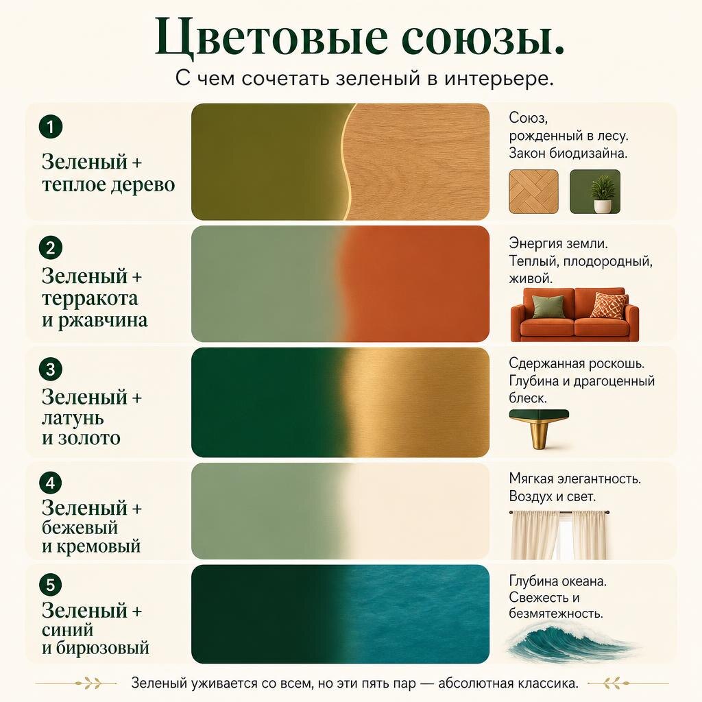Сочетание зеленого с терракотой и латунью