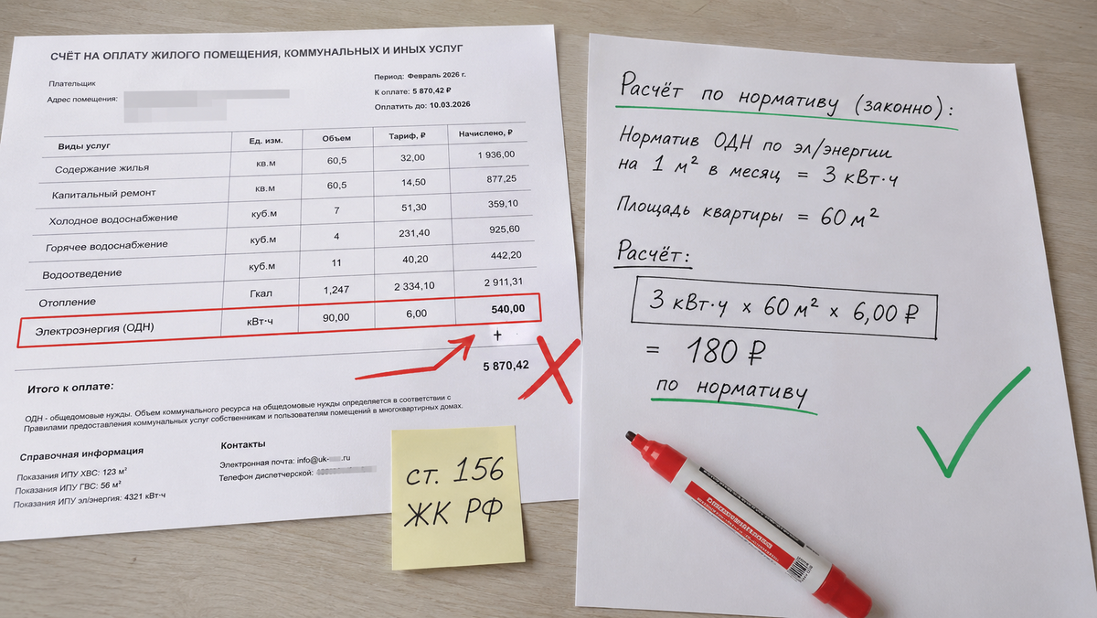 Сравнила квитанцию с расчётом по нормативу: 540 ₽ в платёжке против 180 ₽ по закону.