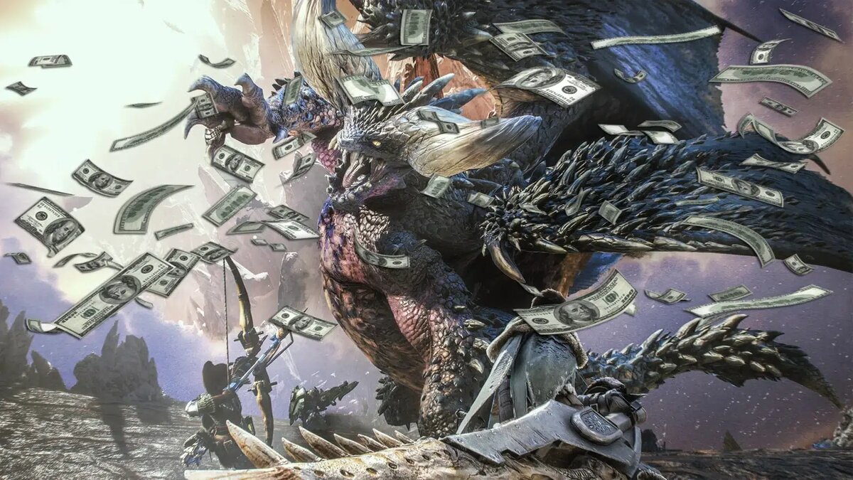    Dragon unleashing onto a battlefield as dollar bills rain down around it in a fantasy scene.
