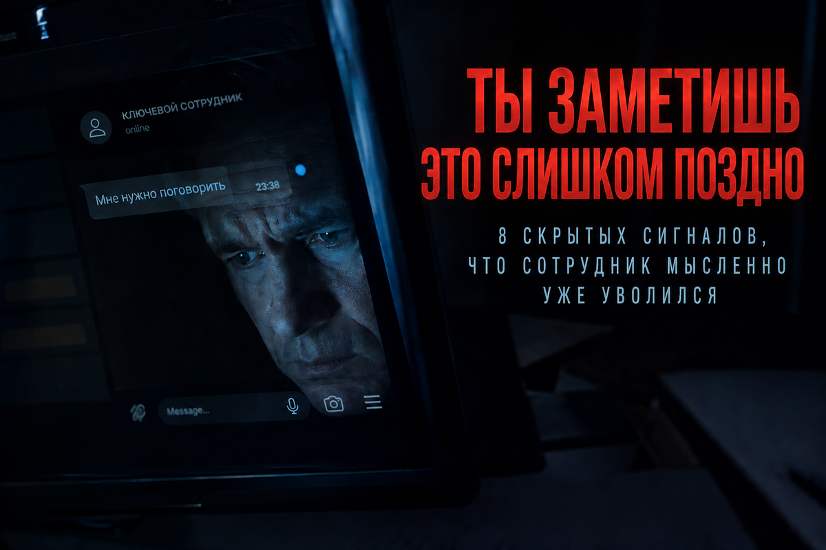 Руководитель читает сообщение об увольнении сотрудника на экране монитора в темном офисе.