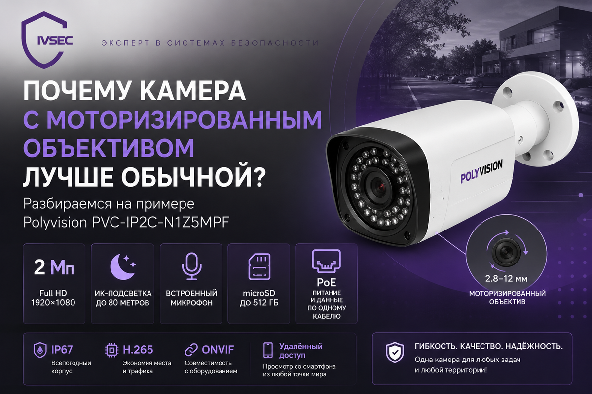 Polyvision PVC-IP2C-N1Z5MPF — уличная IP-камера 2 Мп с моторизированным объективом, встроенным микрофоном, поддержкой PoE и ИК-подсветкой до 80 метров для круглосуточного видеонаблюдения.