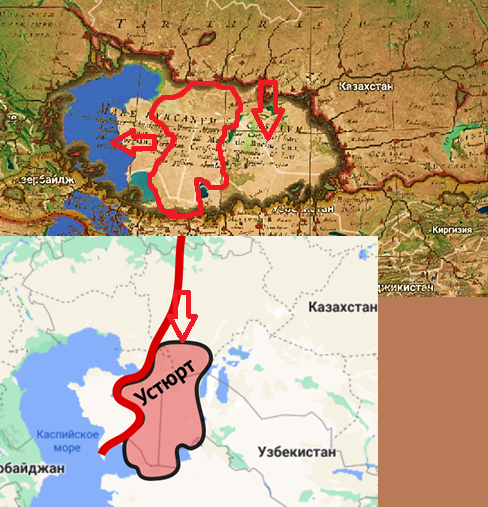 Наложение нынешней карты Каспия с плато Устюрт на карту Яна Блау 1635-го года с формой водоёма, вытянутой на Восток, а не на Юг, как теперь. Западный край плато Устюрт совпадает с крупным тектоническим уступом — границей геологических структур, подтверждая движение с Севера верхних геомассивов. Левой стрелкой показано образование полуострова Мангышлак геомассивом Устюрта выдавливанием его подложки. 