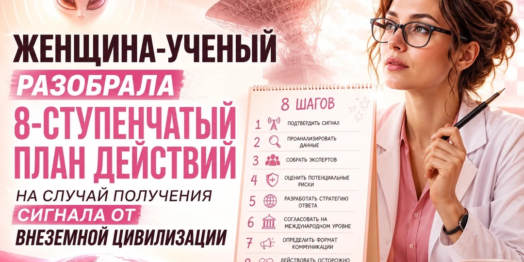 ЖЕНЩИНА-УЧЁНЫЙ, РАЗОБРАЛА 8-СТУПЕНЧАТЫЙ ПЛАН ДЕЙСТВИЙ НА СЛУЧАЙ ПОЛУЧЕННОГО СИГНАЛА С КОСМОСА