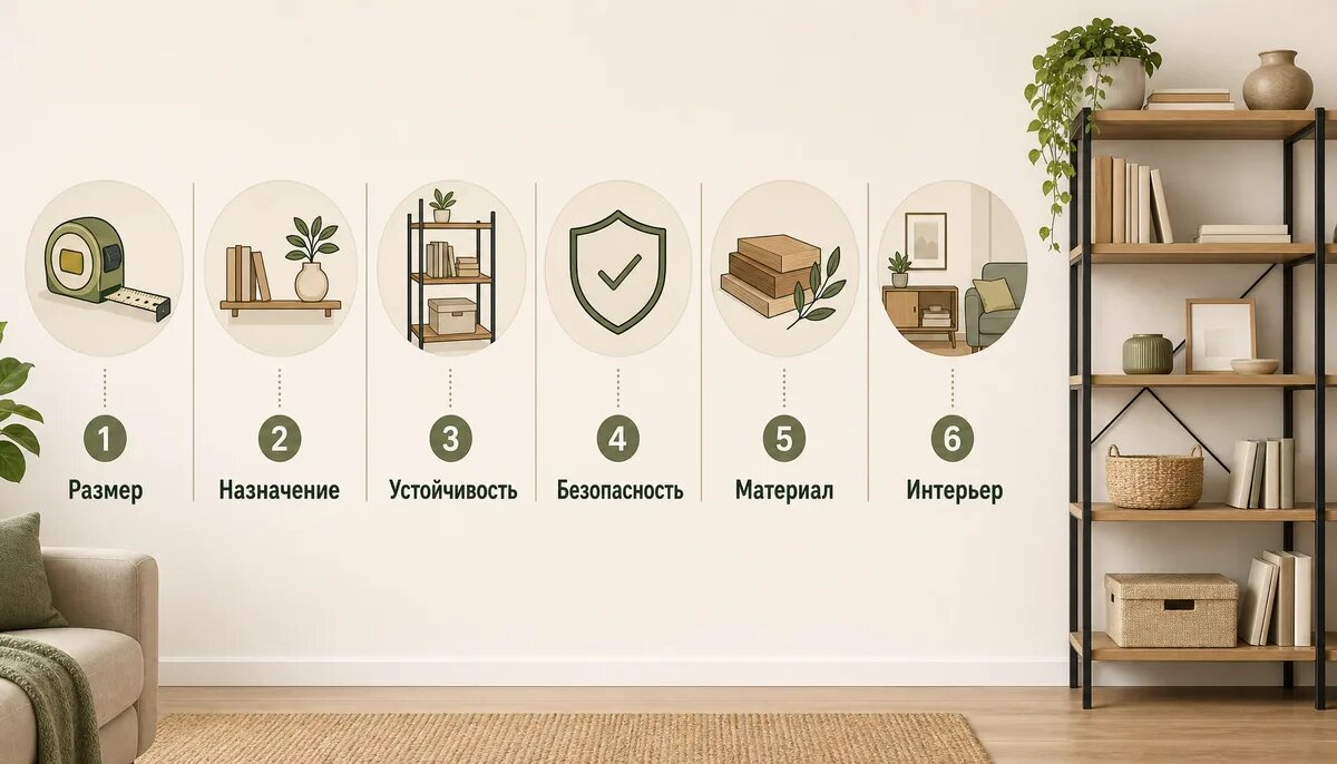 Инфографическая иллюстрация с основными критериями выбора полок и стеллажей для дома: размер, назначение, устойчивость, безопасность, материалы и сочетание с интерьером.