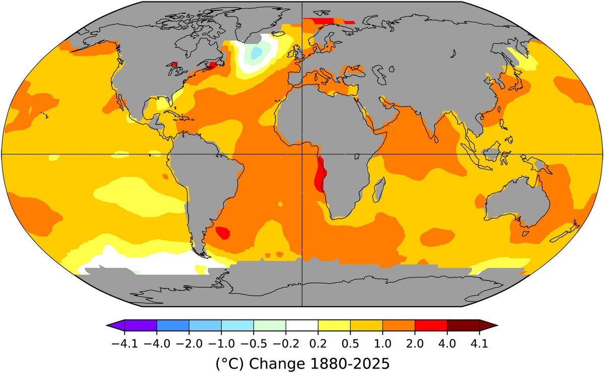 Линейный тренд температуры поверхности моря (°C) с 1880 по 2025 год по данным NASA GISTEMPИсточник: data.giss.nasa.gov/gistemp/maps