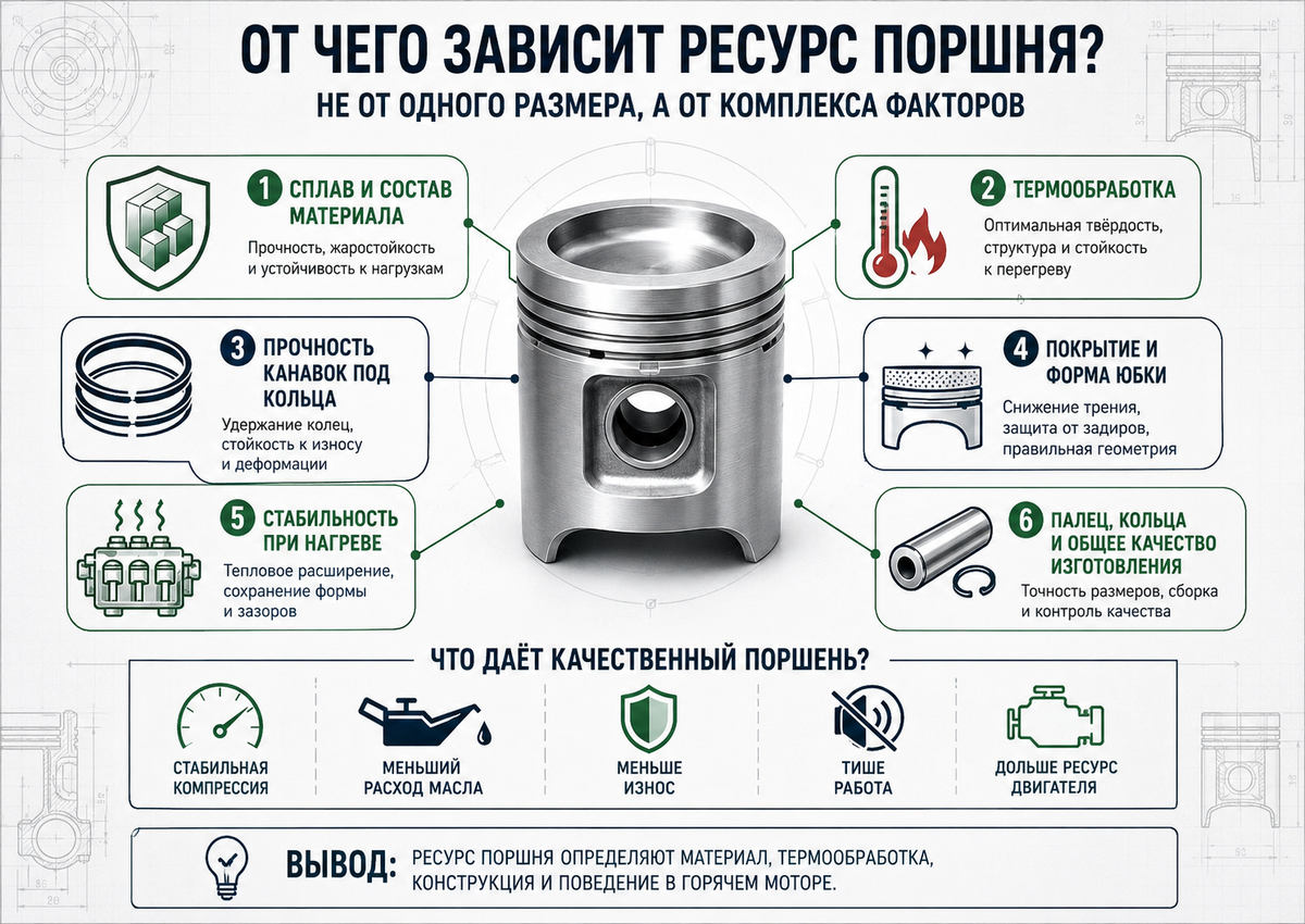 На долговечность влияют сплав, термообработка, прочность канавок под кольца, форма юбки, покрытие и стабильность материала при нагреве.