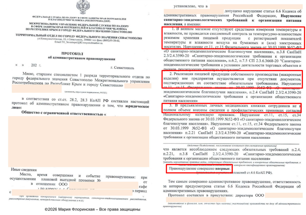Реальные документы, представленные рестораном.