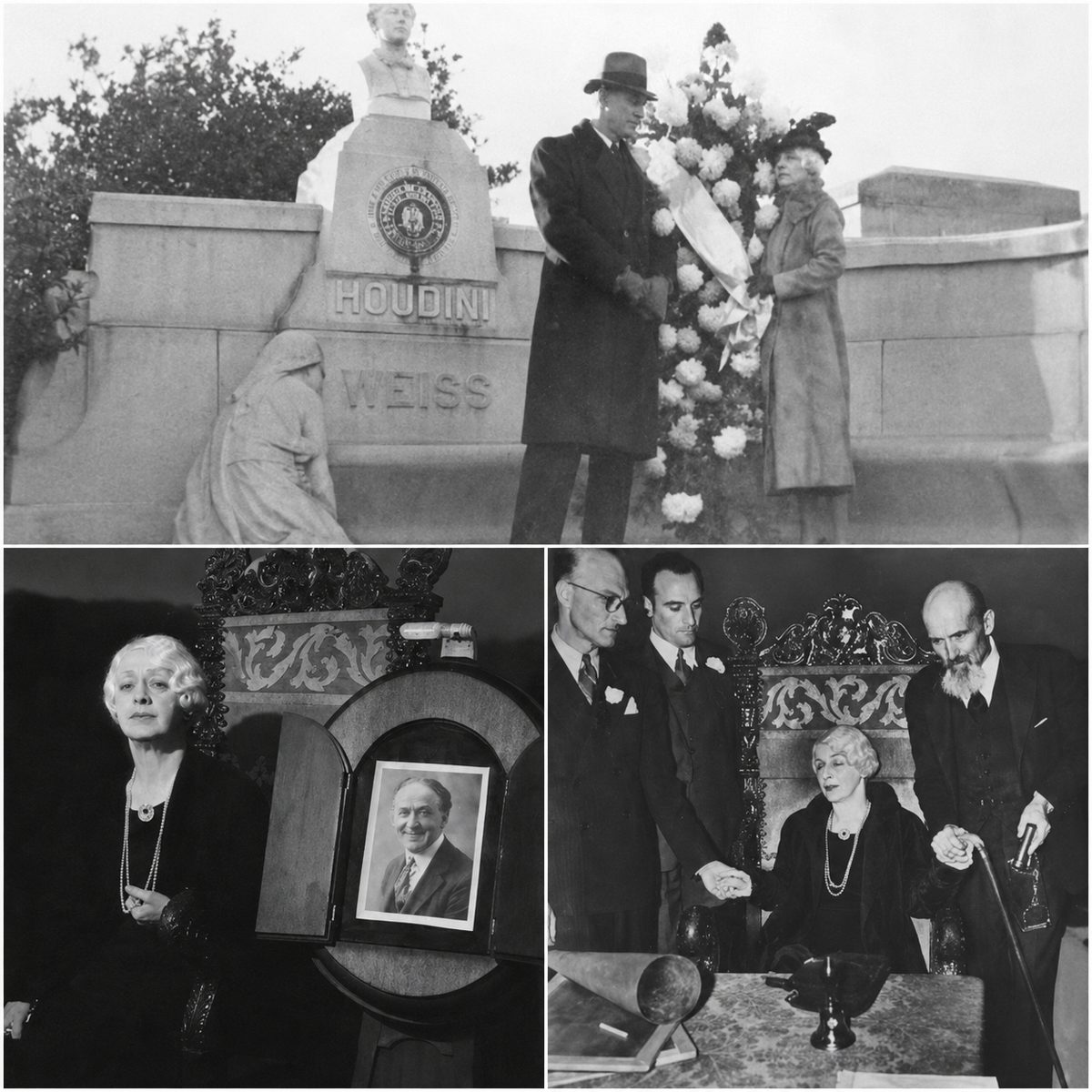 1. Бесс Гудини у семейного мемориала Гудини. 2. Бесс Гудини рядом с портретом Гарри Гудини. 3. Бесс Гудини во время спиритического сеанса в память о муже.