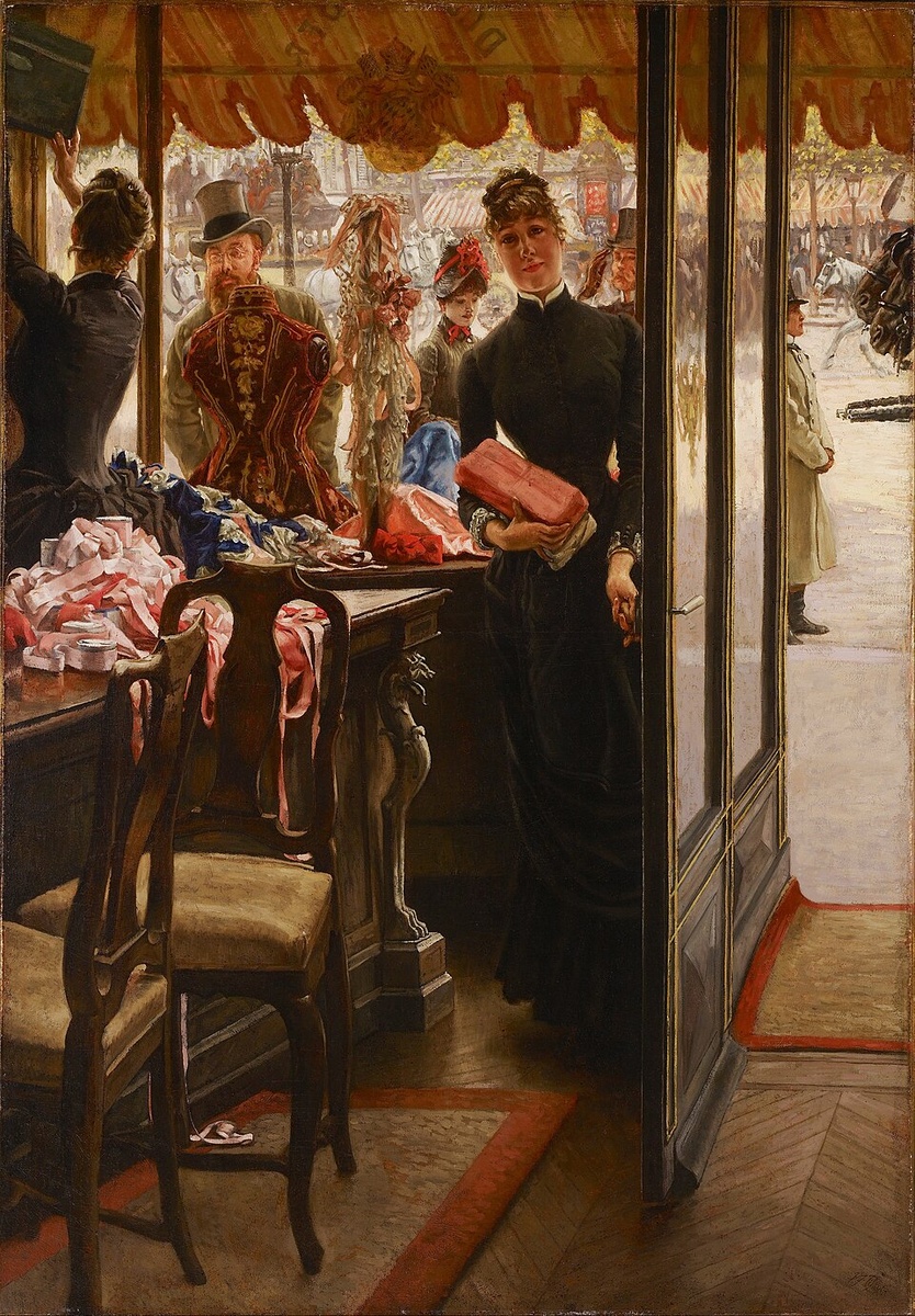 Джеймс Тиссо "Продавщица"  (ок. 1883–1885).
Холст, масло, 146,1 × 101,6 см. Художественная галерея Онтарио, Торонто
