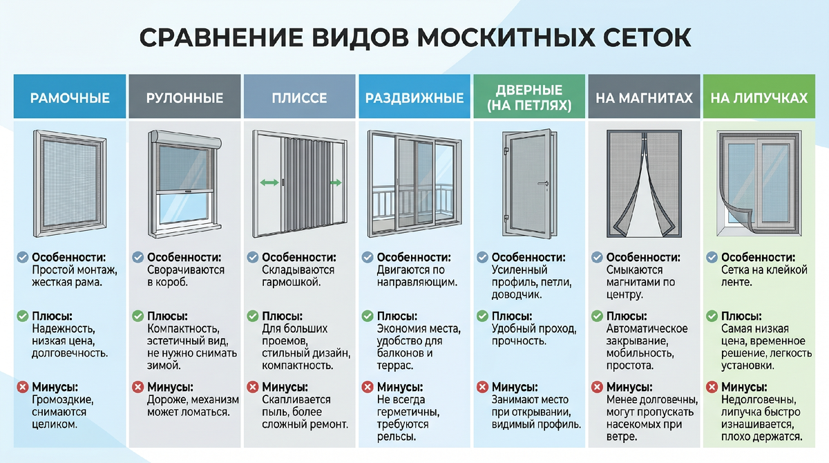 Основные виды москитных сеток