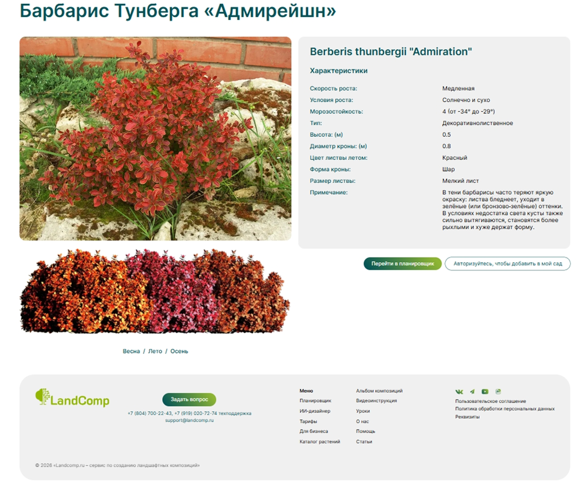LandComp - карточка растения с 11 характеристиками и 3 сезонами в визуализации
