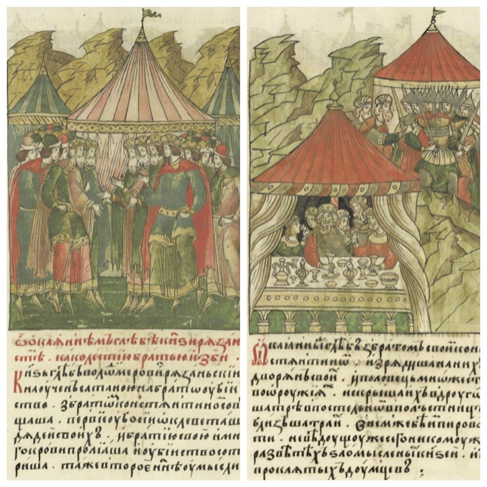 Миниатюры из Лицевого свода XVI в. Слева направо: Глеб и Константин приветствуют князей/ Глеб и Константин посылают убийц на князей