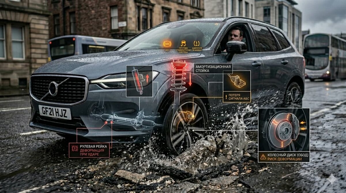 Момент удара автомобиля о глубокую яму и его последствия
