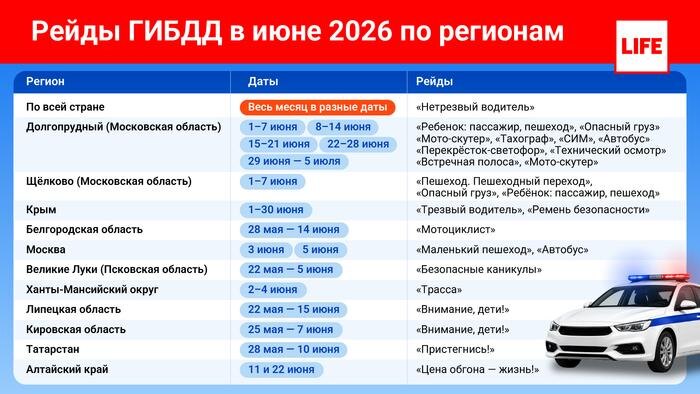 Рейды ГИБДД по регионам в июне 2026 года. Инфографика © Life.ru