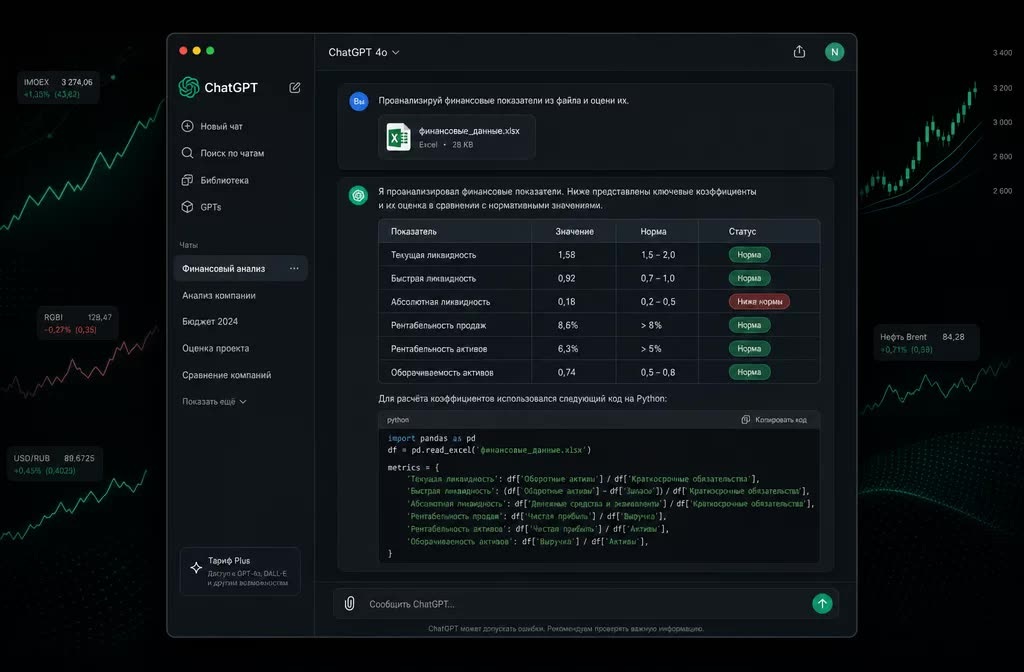    ChatGPT GPT-5.5 считает коэффициенты через встроенный Python, показывает ход вычислений и форматирует итог в таблицу.