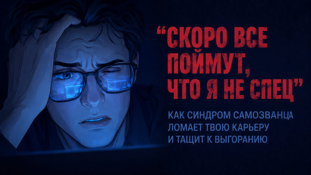 Молодой специалист в темном офисе испытывает сильную тревогу перед монитором. Обложка статьи о том, почему умные люди сталкиваются с синдромом самозванца на работе.