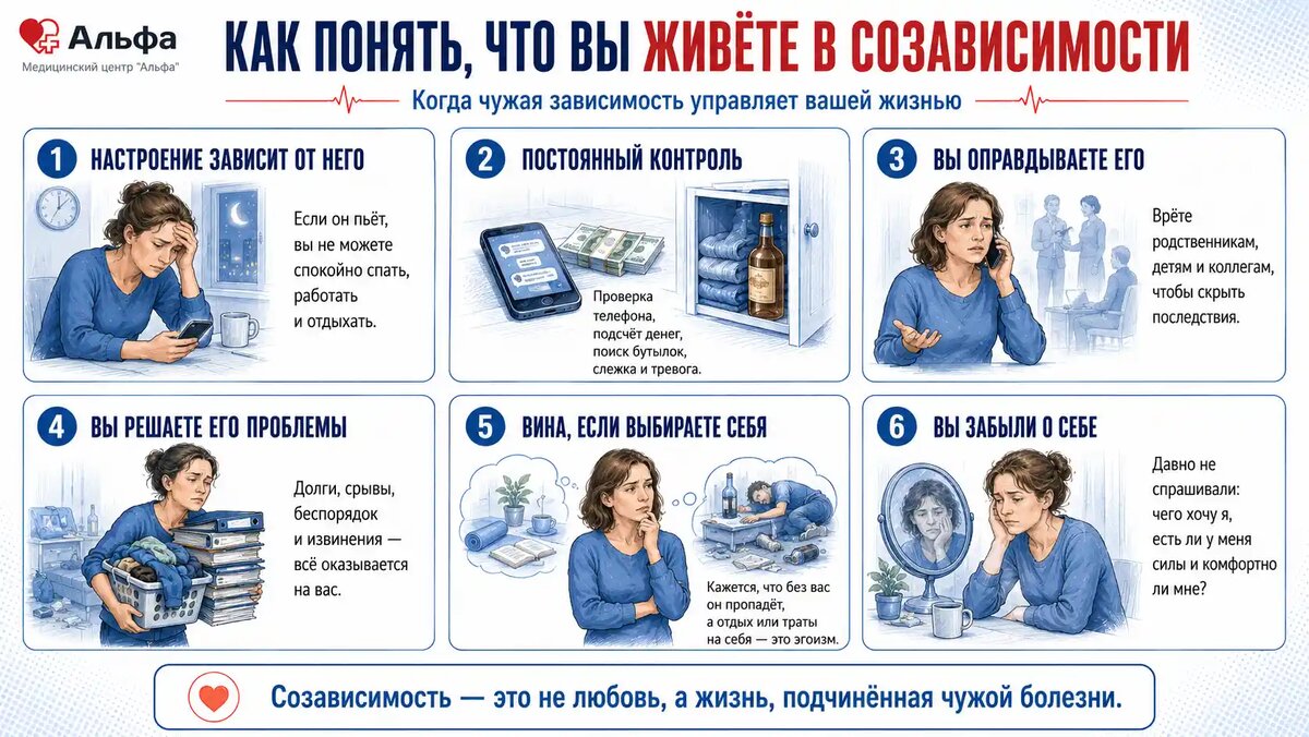 Созависимость — это состояние, при котором жизнь женщины начинает полностью вращаться вокруг болезни другого человека. Постоянный контроль, чувство вины, оправдания и утрата собственных потребностей — частые признаки такого состояния