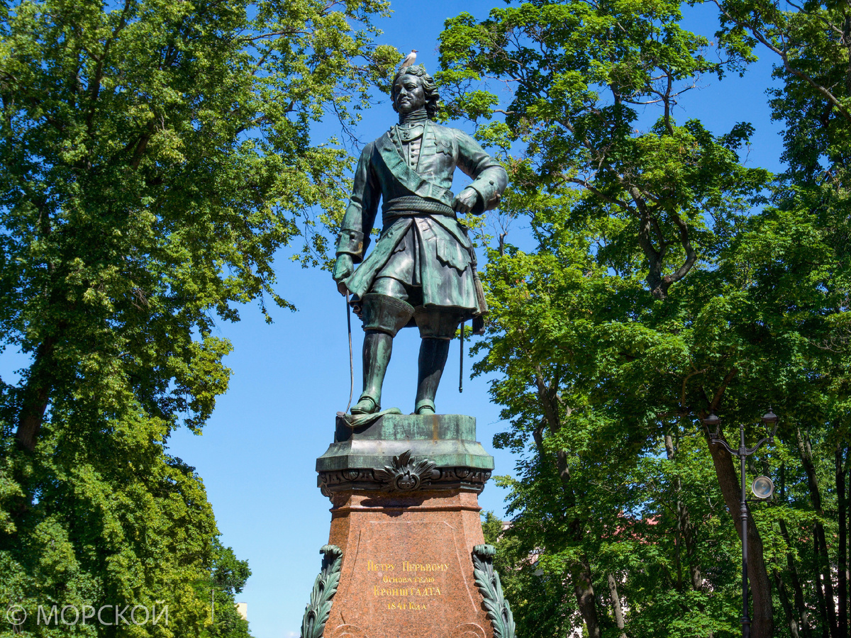 Памятник Петру в Кронштадте. По традиции, на голове у царя сидит чайка. 