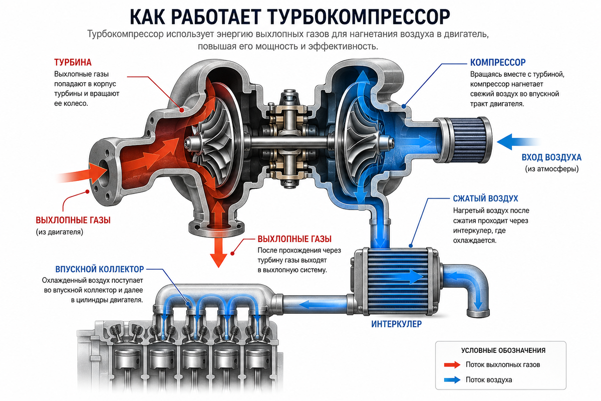 Как работает турбокомпрессор: энергия выхлопных газов используется для нагнетания дополнительного воздуха в двигатель. Именно этот принцип позволил получать больше мощности без увеличения рабочего объёма двигателя.