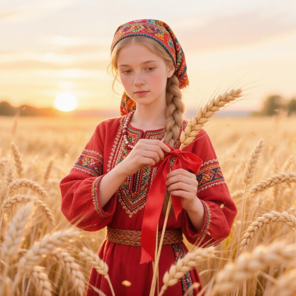Феодосья-Колосятница. Девушка “рядит” колос лентой, закликая плодородие и счастливую женскую долю