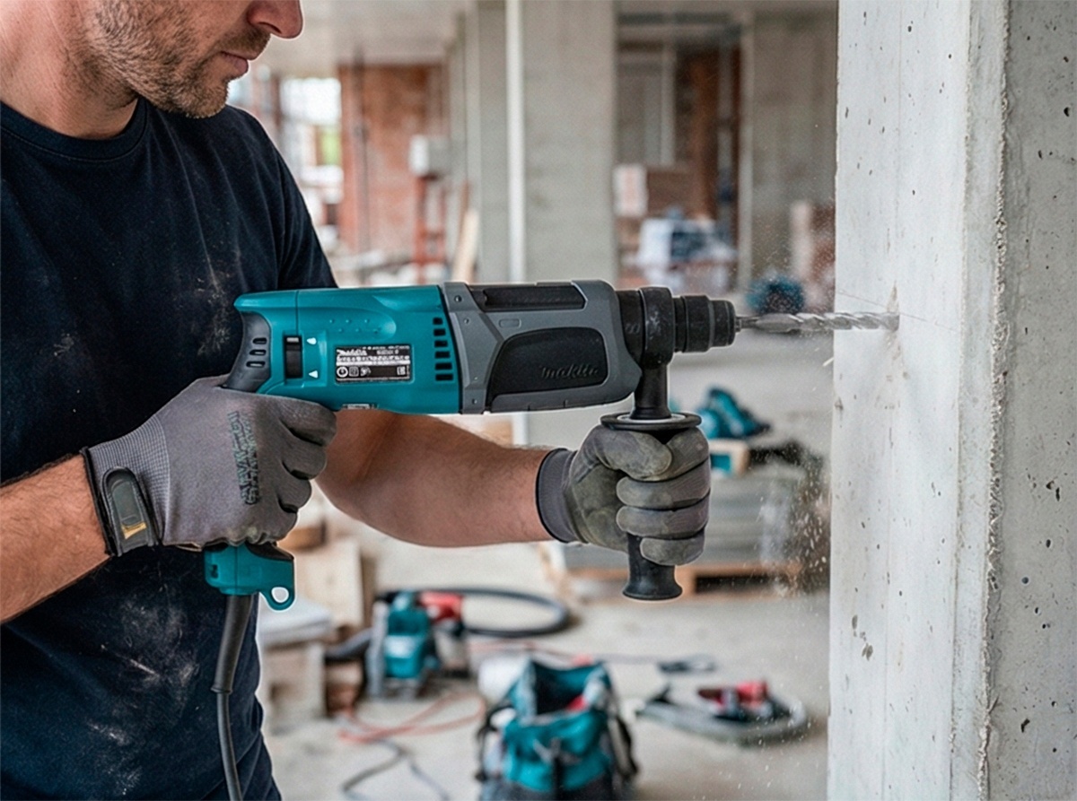 Перфоратор Makita HR2470 с патроном sds-plus и энергией удара 2,4 Дж может работать в режимах сверления без удара и с ударом, а также возможностью работать ударами без сверления (режим долбления). Функция реверса поможет достать застрявший бур. Резиновые накладки на корпусе и ручке перфоратора для удобного хвата. Длинный и толстый провод позволяет работать оборудованию без удлинителя. Предохранительная муфта модели HR2470 защитит перфоратор от поломки, а оператора от травм при заклинивании инструмента. Угольные щетки, благодаря упрощенной конструкции щеточного узла, доступны для лёгкого обслуживания, а так же защищены от пыли и строительного мусора. Система пылеудаления электроинструмента повышает безопасность и комфорт работы.