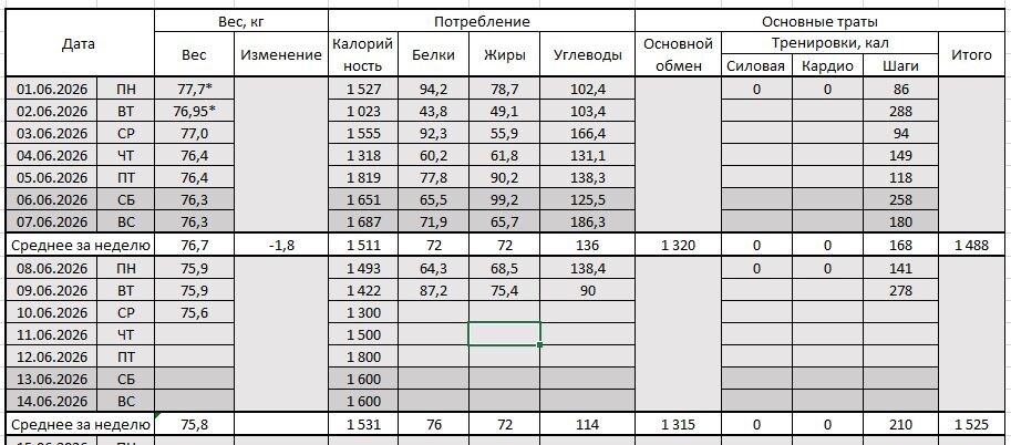 Питание и вес за период июньского эксперимента на циклической диете
