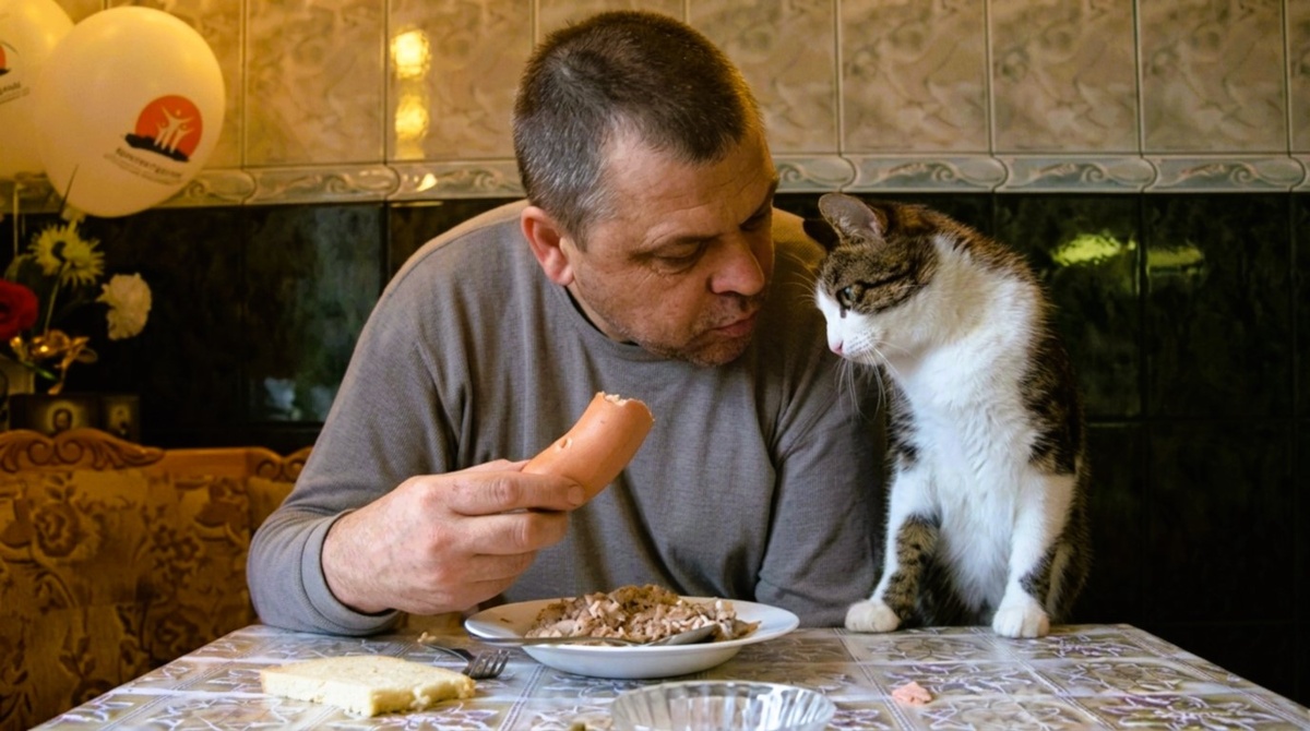 Кот моего отца сидит рядом с ним во время обеда и трогает его лапкой, когда хочет попробовать что-то из его тарелки