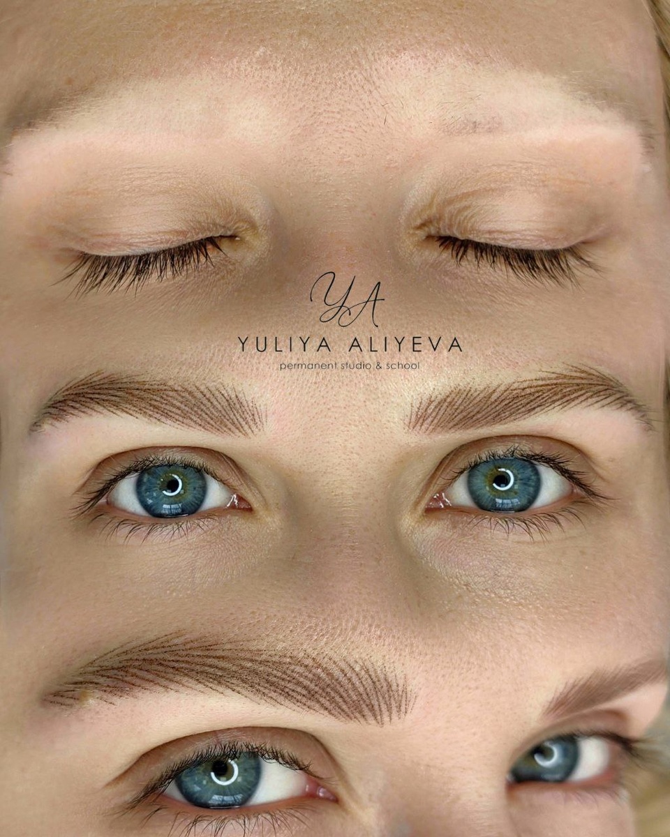 На фото - перекрытие старого татуажа бровей в технике Realistic hairs, до и результат сразу после процедуры