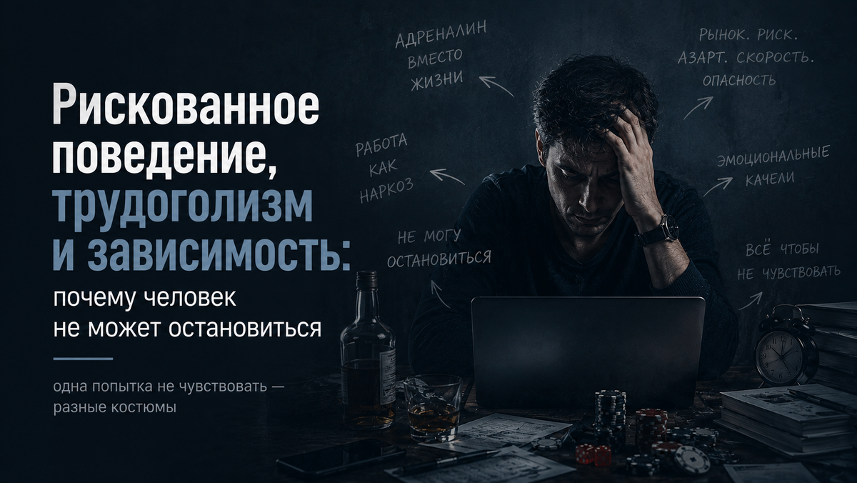 Почему трудоголизм, рискованное поведение, азарт, токсичные отношения и зависимости могут быть разными формами одного механизма. Как распознать зависимый паттерн, почему человек не может остановиться и что скрывается за постоянной потребностью в интенсивности.