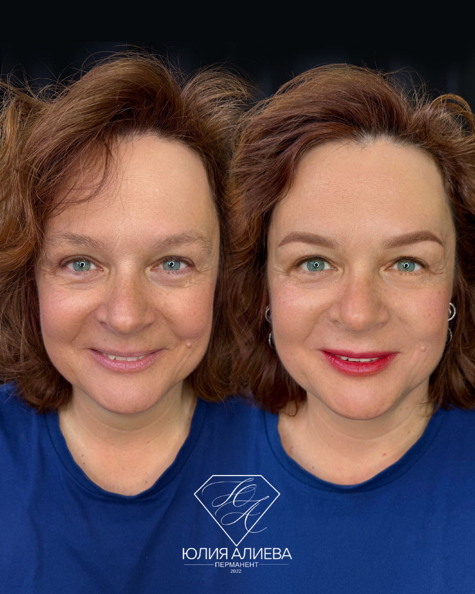 На фото перманентный макияж бровей в технике пудрового напыления Airy brows в студии Юлии Алиевой 
