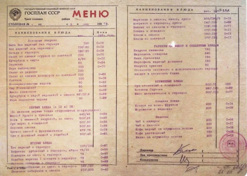 Столовское меню 1987 года. Как видите самыми дорогими блюдами являются мясная окрошка (1,36 рублей) и черная икра (1,89 рублей). Но гарнир всегда входит в стоимость второго блюда! Комплексный обед из бифштекса с гречкой, борщом 