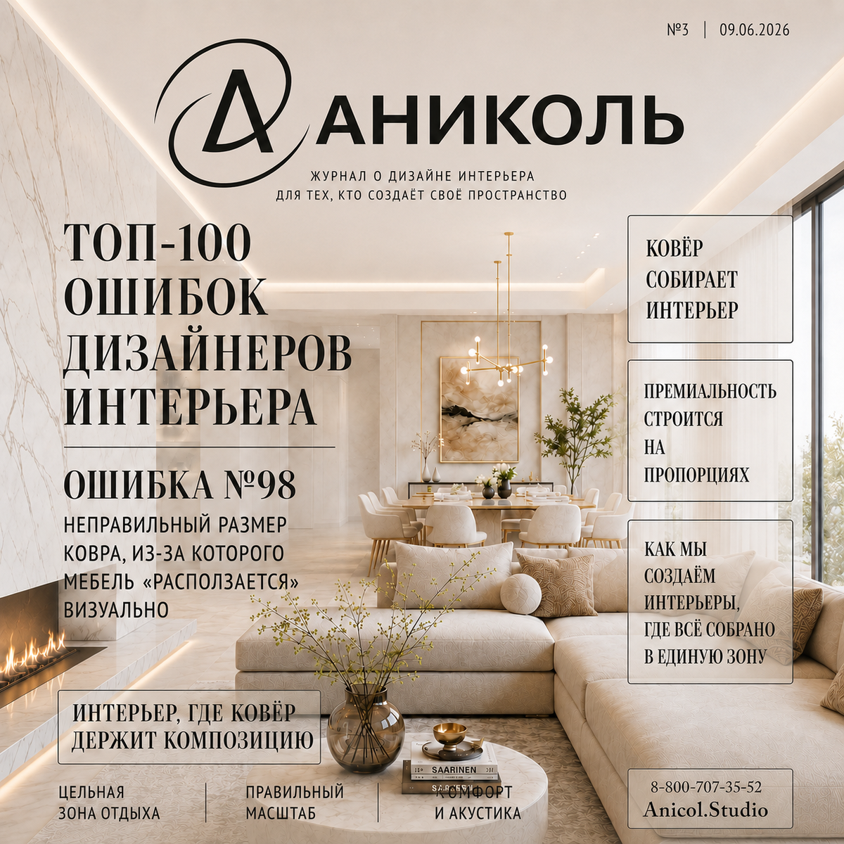 Топ-100 ошибок дизайнеров интерьера. Ошибка №98 - неправильный размер ковра, из-за которого мебель «расползается» визуально