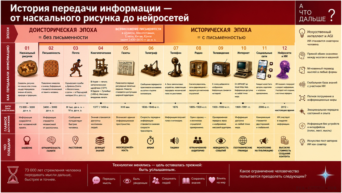 Технологии менялись — цель оставалась прежней: быть услышанным

Каждая новая технология связи помогала преодолеть очередное ограничение: забвение, расстояние, время, дефицит знаний или монополию на публикацию. История передачи информации на одной инфографике.